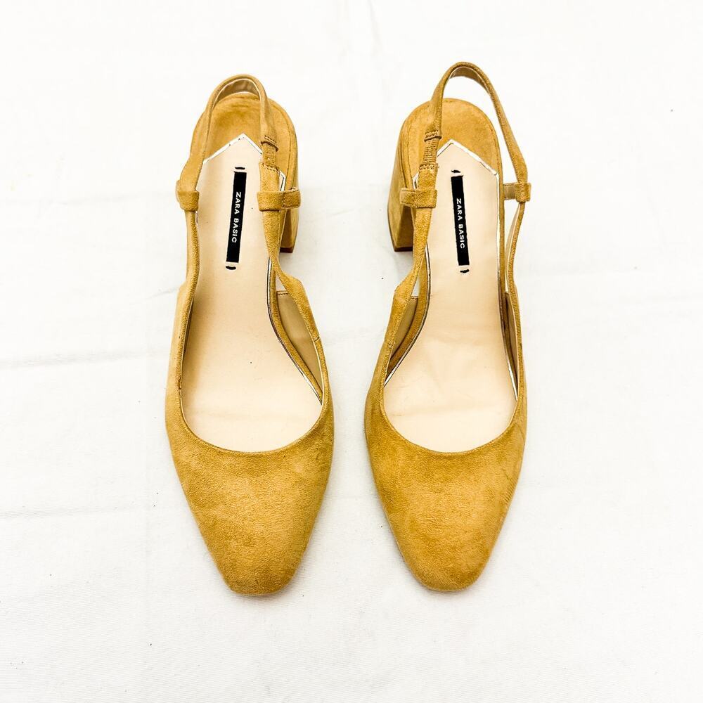 Zara Wheat Tan Slingback Almond Toe Pump Square Block Heeled Shoes Size 41/US 10